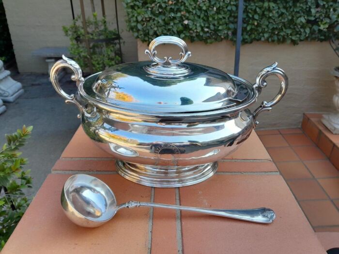 A 20th Century English  Electroplate Soup Tureen with Handles and Cover and Matching Ladle  Elkington and Co