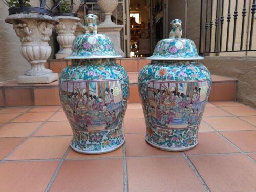 A 20th Century Pair of Chinese Famille Rose Vases / Urns with Covers