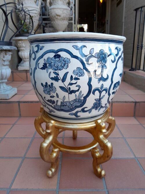 A 20th Century Painted Large Size Decorative Bowl On Carved Wooden And Hand Gilded Stand