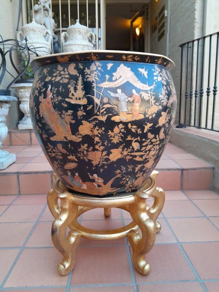 A 20th Century Chinese Famille Large Size Decorative Bowl On Carved And Hand Gilded Stand