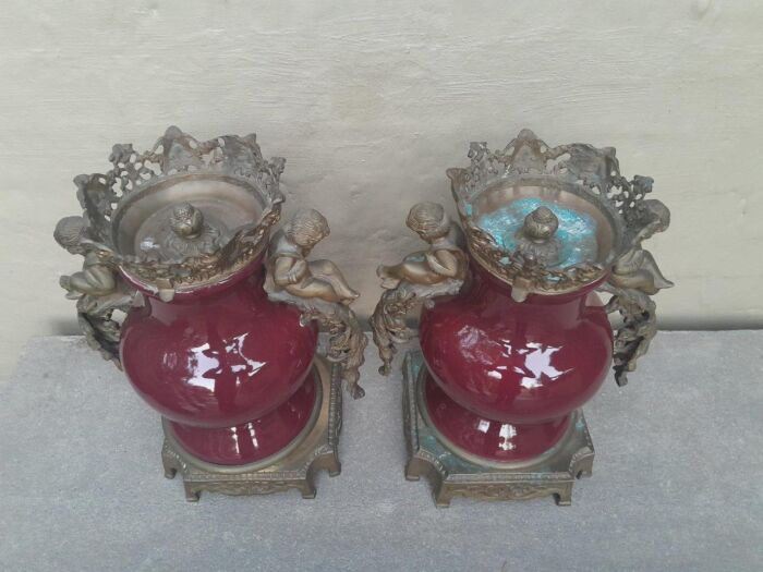 A Pair Of French Decorative Porcelain Cherub & Ormolu Urns - Image 4