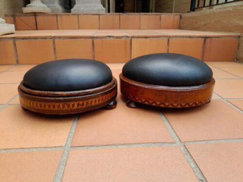 A Set of Two Antique 19thC Carved Walnut and Inlaid Foot Stools Upholstered in Leather