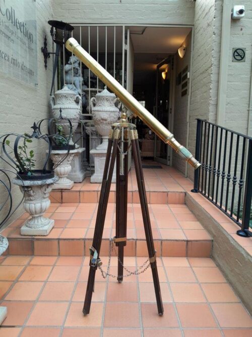 A 20th Century Solid Brass Stanley London Telescope on Tripod Teak Wood Stand with Brass Mounts and Fittings