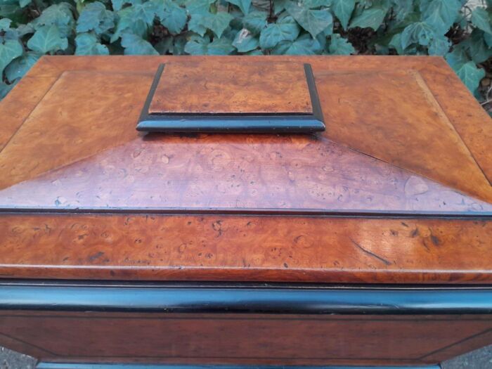 An Antique Victorian  Birds Eye Maple and Ebonised Cellarette with Metal Inner for Ice and Original Hardwood Castors - Image 8