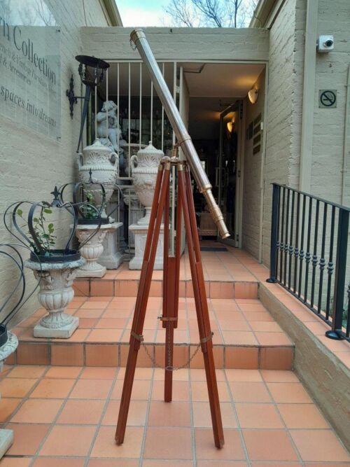 A 20TH Century Solid Brass Telescope on Adjustable Teak Wood Tripod Stand With Brass Fittings and Mounts