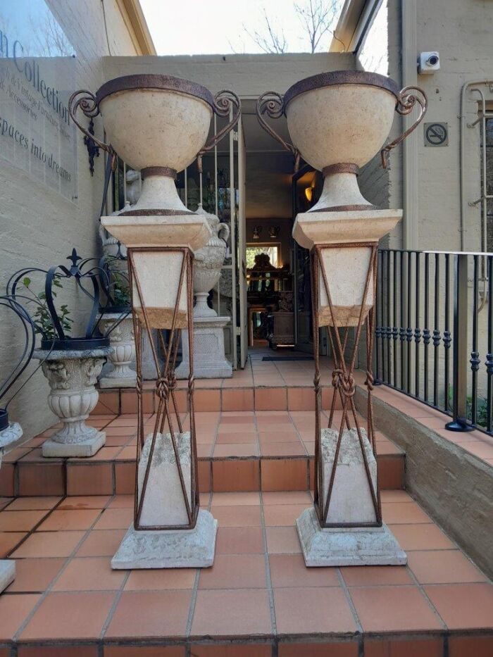 A 20th Century Decorative Pair Of Metal And Stone Urns On Stands