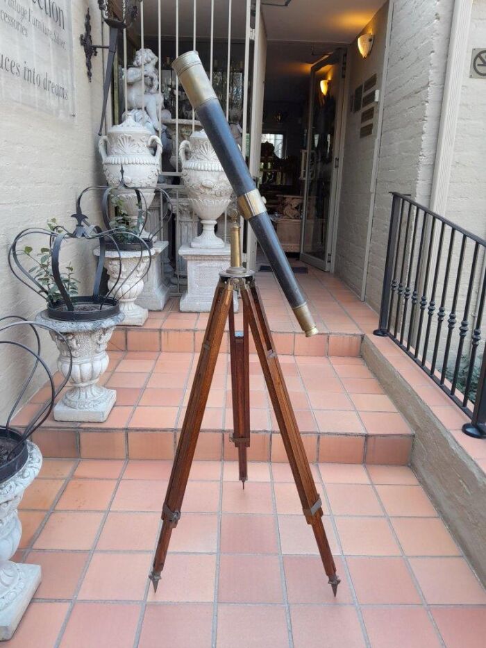 An Antique Brass And Leather Telescope On Brass And Oak Tripod Stand - Image 2