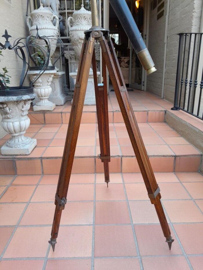 An Antique Brass And Leather Telescope On Brass And Oak Tripod Stand - Image 4