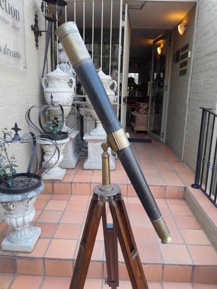 An Antique Brass And Leather Telescope On Brass And Oak Tripod Stand - Image 5