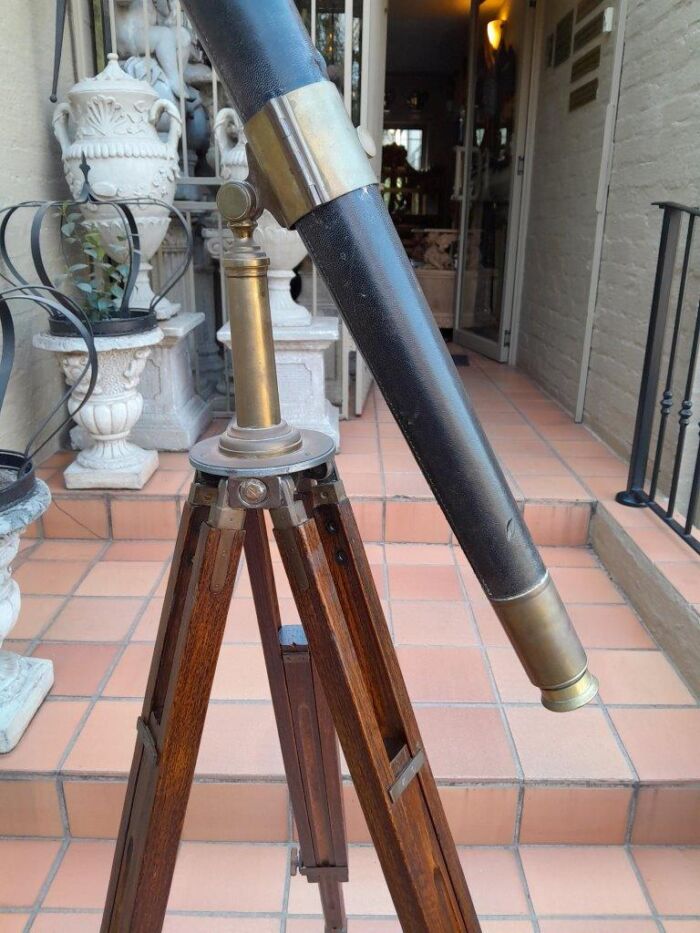 An Antique Brass And Leather Telescope On Brass And Oak Tripod Stand - Image 6