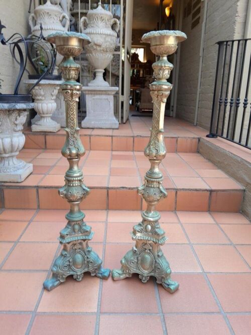 A 20th Century Pair Of French Style Brass Floor Candle Holders Of Large Proportion