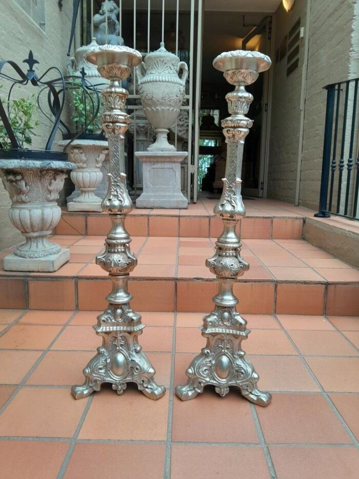 A Pair Of Tall Heavy Metal Silvered Candlesticks / Holders Nd