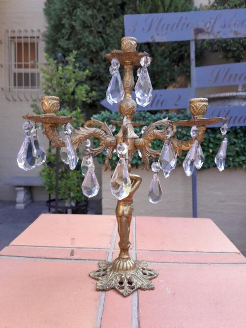 A 20th Century French Style Solid Brass Candelabra with Crystals