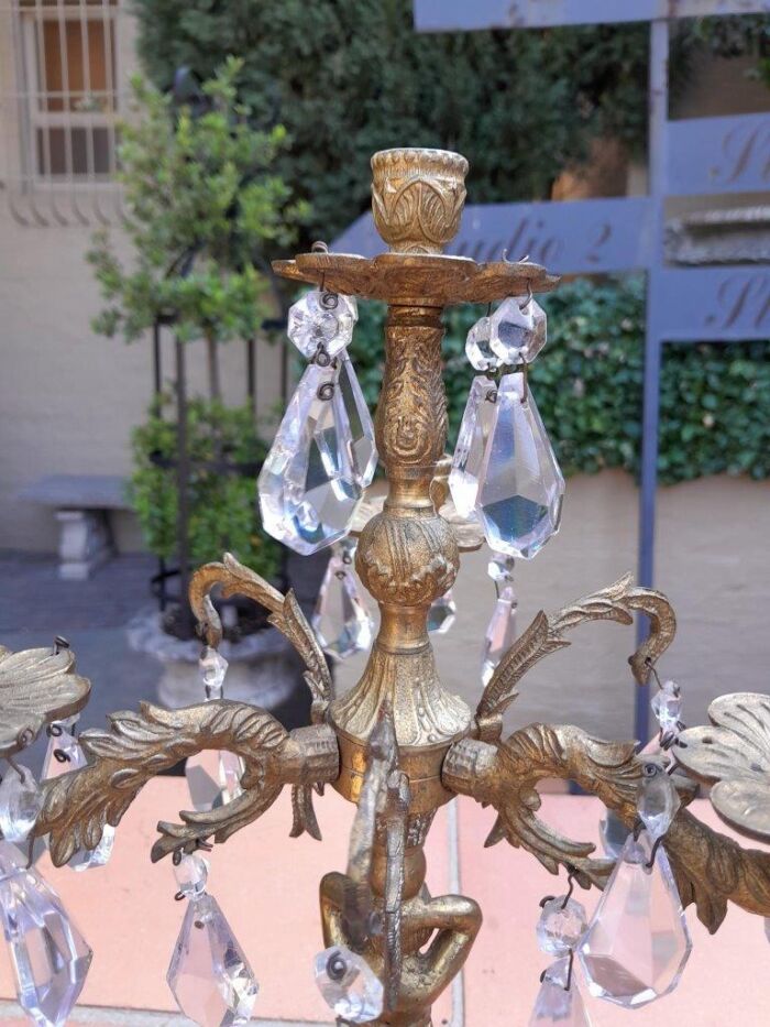 A 20th Century French Style Solid Brass Candelabra with Crystals - Image 6