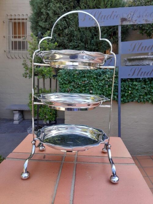 An Antique English Edwardian Tall Silver-Plate Cake / Food Stand with Three Removable Plates / Bowls