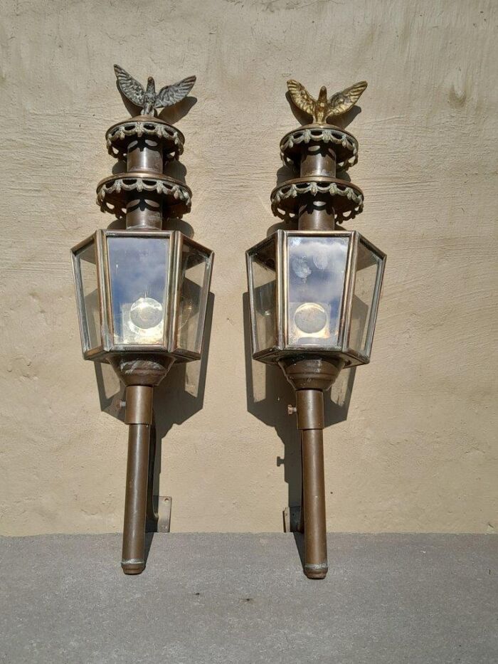 A 19th Century  Victorian Pair of Brass Carriage Lanterns with Eagles 