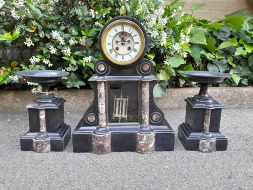 An Antique 1900s Victorian Black Marble Clock With Mercury Compensation Pendulum Garniture Set With Pair Candle Holders