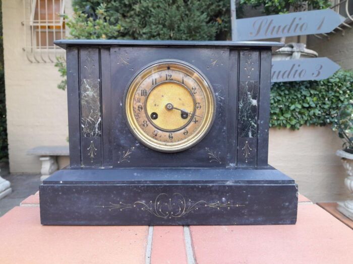 An Antique Victorian Black Slate And Marble Clock