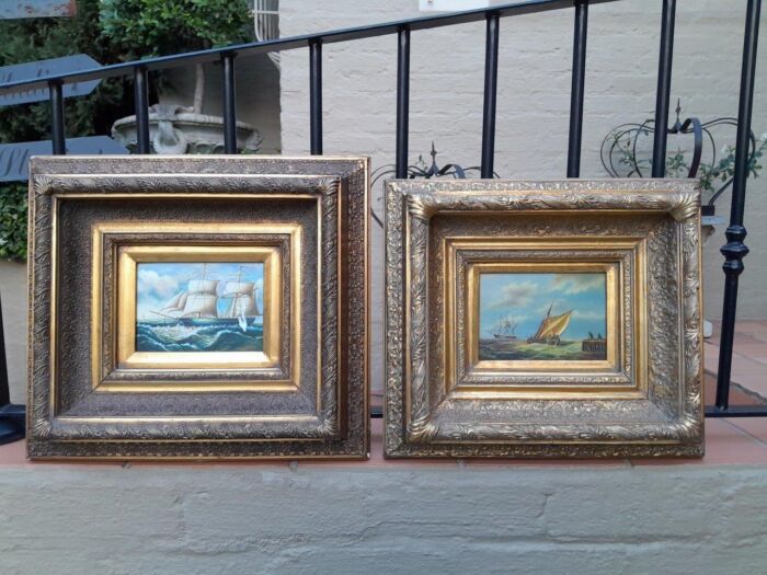 A Set of Two of 20TH Century Docking of Boats Signed in Ornately Gilded Frames