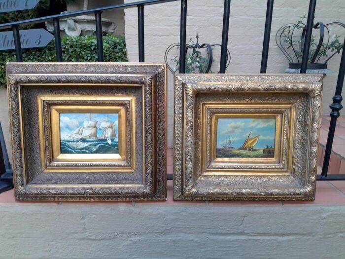 A Set of Two of 20TH Century Docking of Boats Signed in Ornately Gilded Frames - Image 2