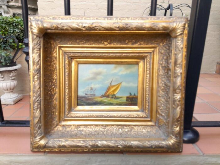 A Set of Two of 20TH Century Docking of Boats Signed in Ornately Gilded Frames - Image 4