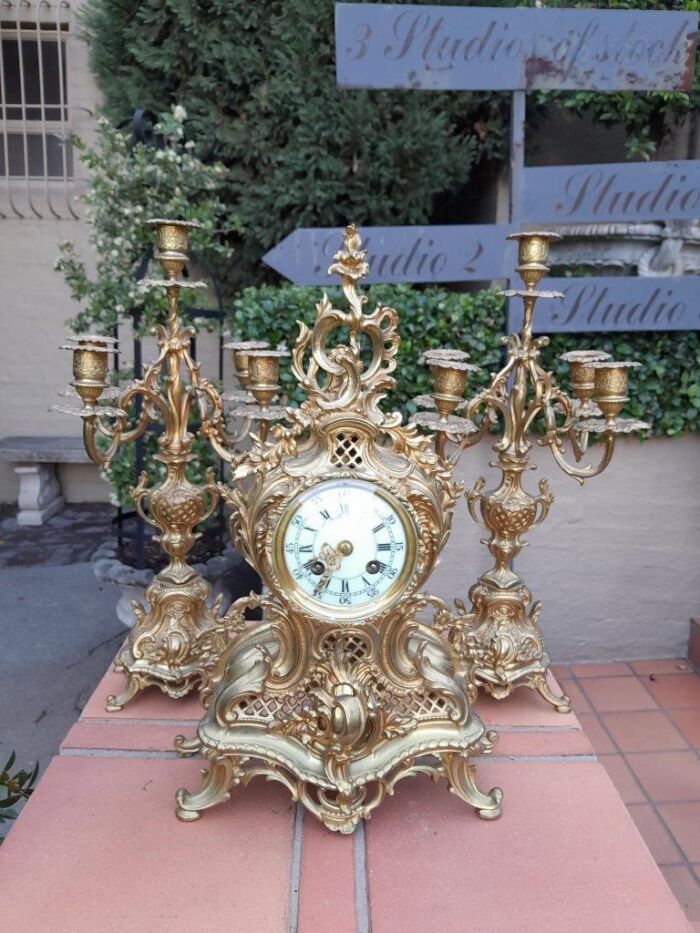 An Antique 19th Century French Rococo Gilt Ormolu Clock Garniture Set with a  Pair of Matching Candelabras - Image 2