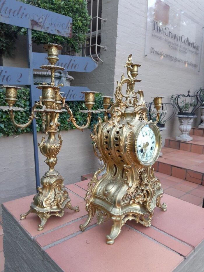 An Antique 19th Century French Rococo Gilt Ormolu Clock Garniture Set with a  Pair of Matching Candelabras - Image 3