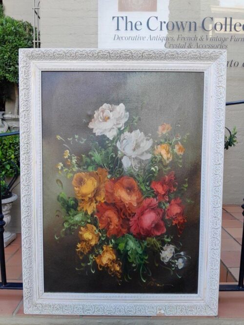 A Signed Floral Oil on Canvas in Cream Frame