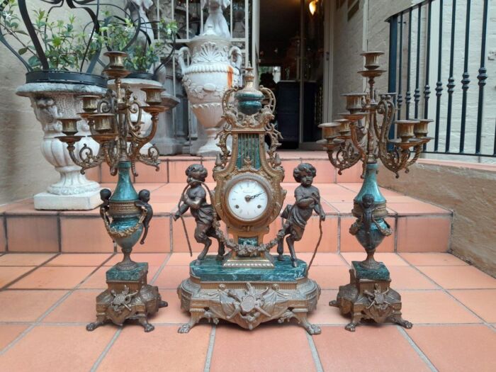 A 20th Century Louis XVl Style Brass and Marble Garniture Set Comprising Clock and Pair of Candelabrum