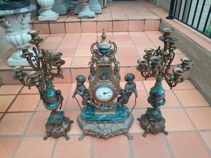 A 20th Century Louis XVl Style Brass and Marble Garniture Set Comprising Clock and Pair of Candelabrum - Image 2