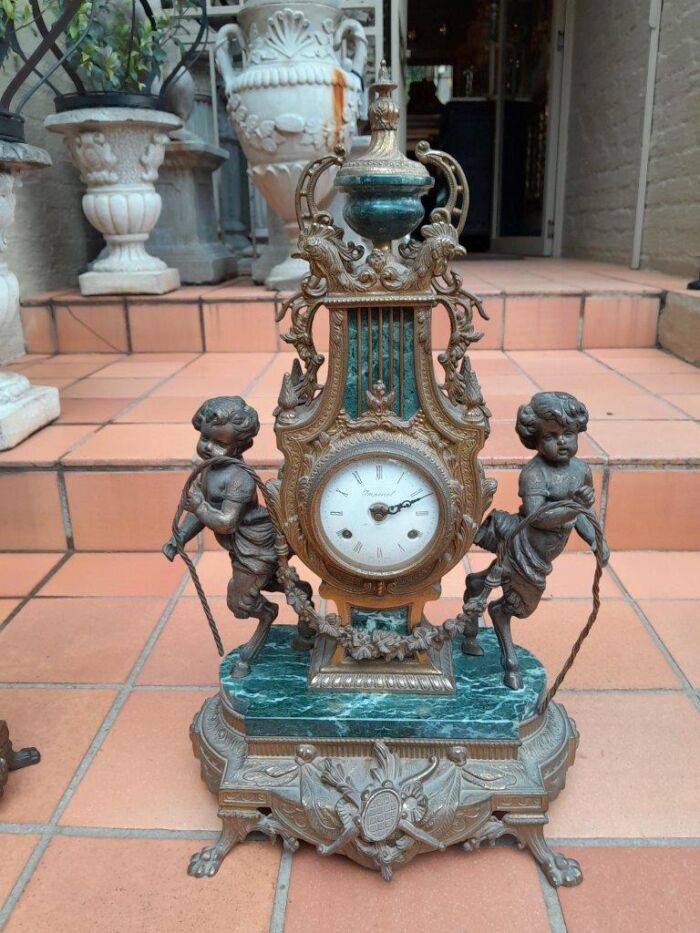 A 20th Century Louis XVl Style Brass and Marble Garniture Set Comprising Clock and Pair of Candelabrum - Image 4