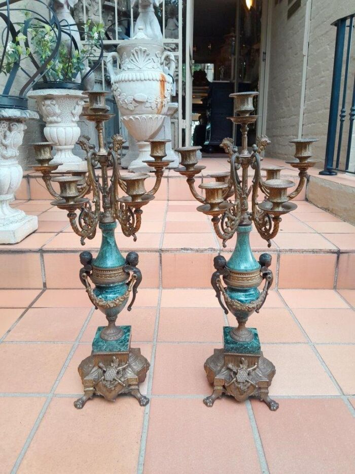 A 20th Century Louis XVl Style Brass and Marble Garniture Set Comprising Clock and Pair of Candelabrum - Image 7