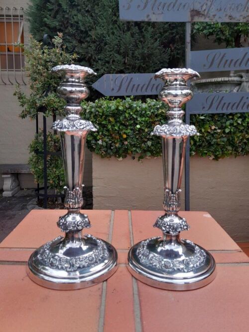 An Antique Early 19th century Old Sheffield Plate Pair of Candlesticks / Holders