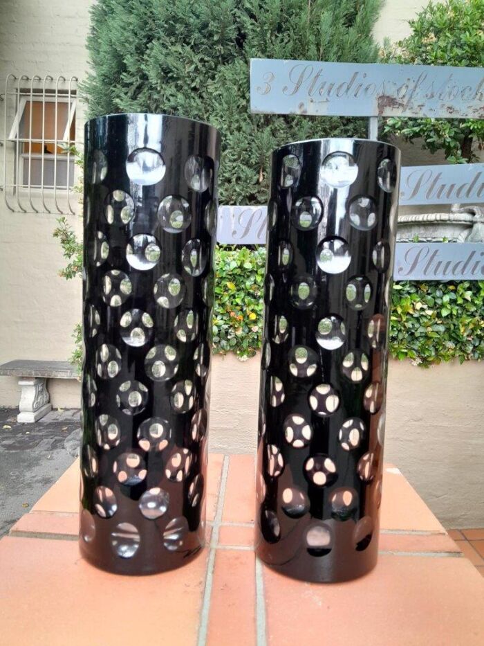 A Pair of Hand Blown Black / Clear Dot Vases