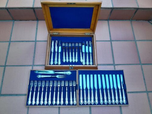 An Antique English Victorian Circa 1849  Set of Eighteen  Fruit Knives and Forks and a serving Knife and Fork 1900 Grams Silver