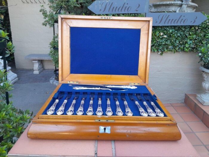 An Antique English Victorian Circa 1849  Set of Eighteen  Fruit Knives and Forks and a serving Knife and Fork 1900 Grams Silver - Image 3