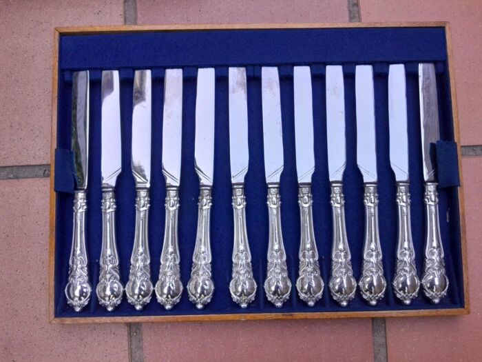 An Antique English Victorian Circa 1849  Set of Eighteen  Fruit Knives and Forks and a serving Knife and Fork 1900 Grams Silver - Image 6