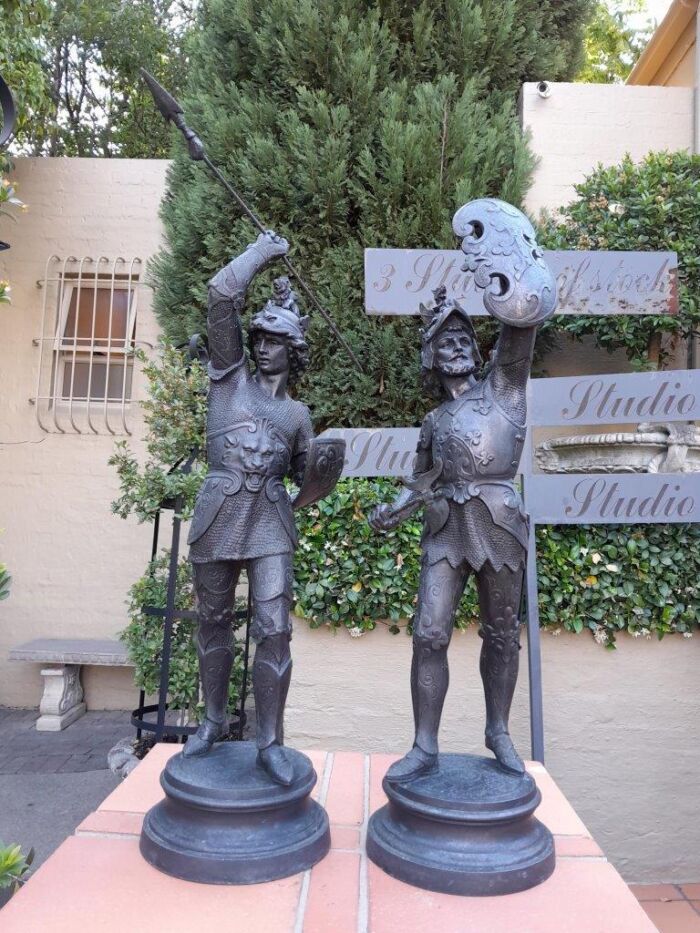 An Early 20th Century Pair of Spelter Warriors Signed 