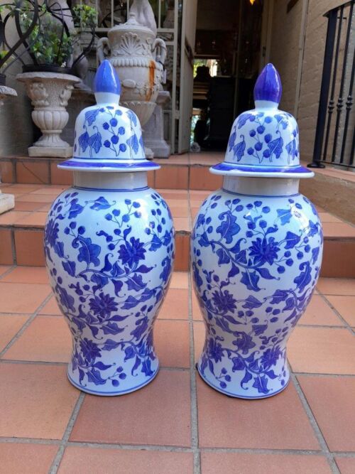 A 20th Century Pair of Chinese Ming Style Hand Painted Blue / White Jars with Lids