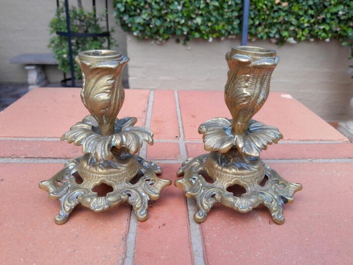 A 19th Century French Pair Of Louis XV Style Cast Brass Candlesticks