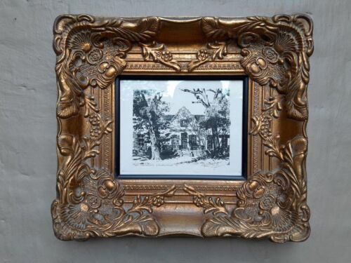 A 20th Century Thinus De Jongh Cape Farmhouse Stellenbosch Etching Signed and Framed in an Ornate Baroque Gilded Frame