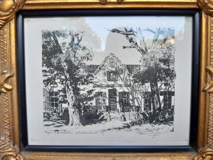 A 20th Century Thinus De Jongh Cape Farmhouse Stellenbosch Etching Signed and Framed in an Ornate Baroque Gilded Frame - Image 4