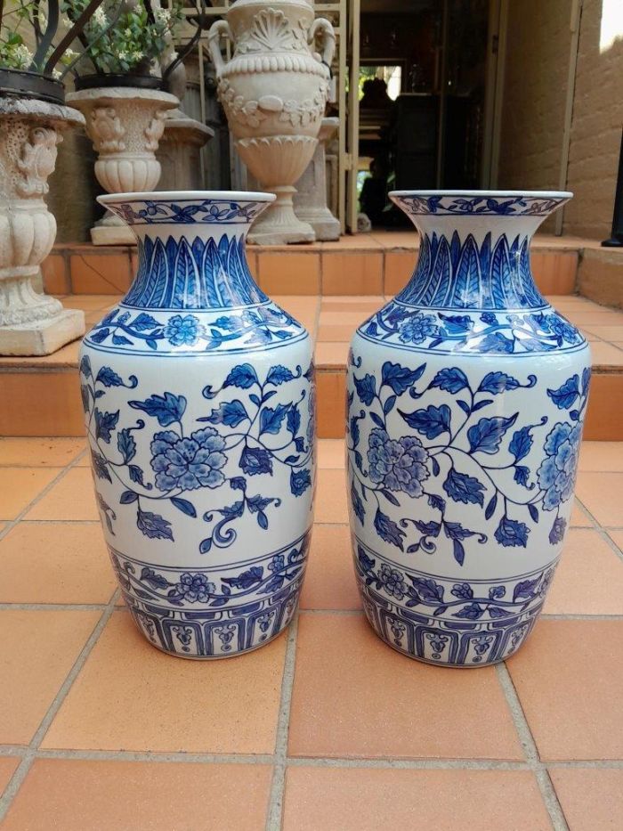 A 20th Century Pair of Blue / White Painted Ceramic Vases