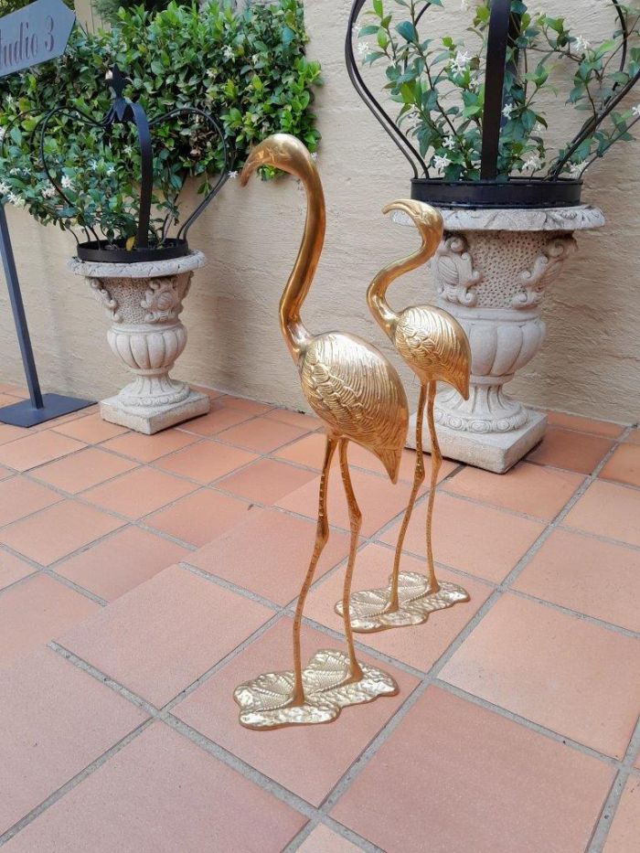 A 20TH Century Decorative For Floor or Table Pair of Brass Flamingos - Image 2