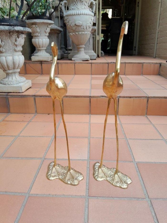 A 20TH Century Decorative For Floor or Table Pair of Brass Flamingos - Image 3