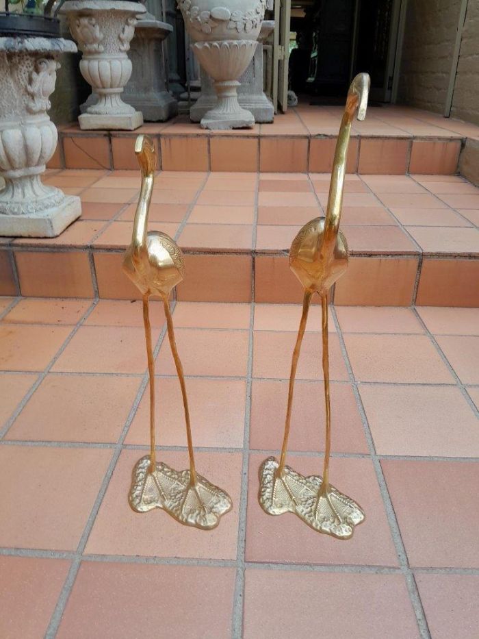 A 20TH Century Decorative For Floor or Table Pair of Brass Flamingos - Image 4