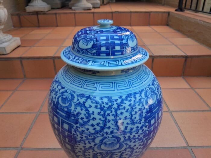 An Antique 19th Century Chinese Blue / White Jar with Cover Qing Dynasty on Wooden Stand - Image 3