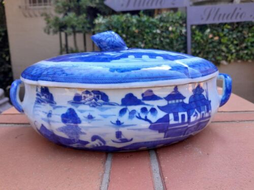 An Antique Early 19th Century Blue / White Dish with Cover and Handles