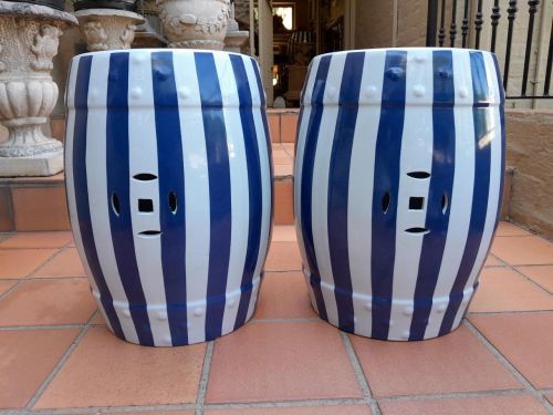 A Decorative Pair Of Blue / Off White Stripe Side Table / Seating Stool /  Decorative Accessory