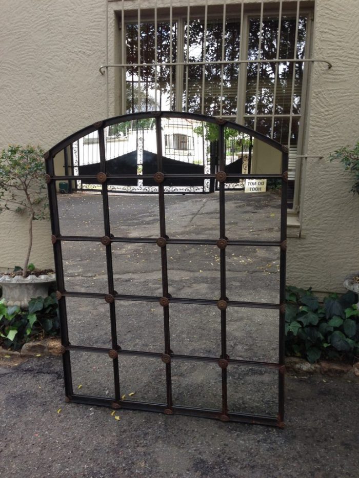 Wrought Iron Arched Window Pane Mirror - Rust